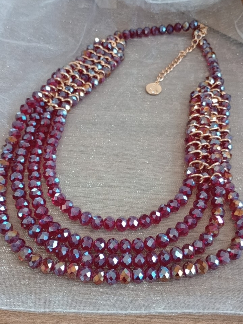 🎈🎈 Ruby Red/Gold Tone Faceted Crystal Necklace/Aurora Borealis/Necklace - Picture 10 of 12